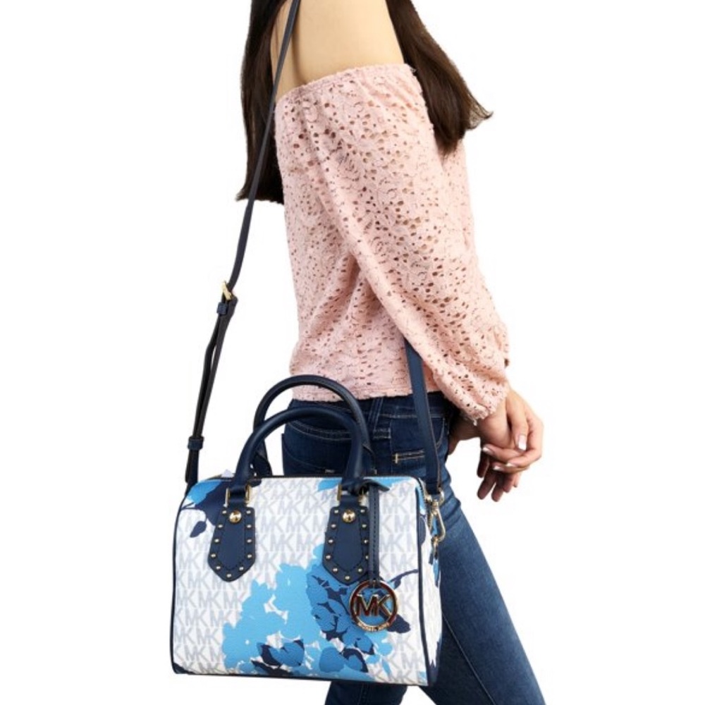 Michael Kors 💙 Aria Blue Floral Studded Designer Crossbody Handbag - Picture 7 of 7